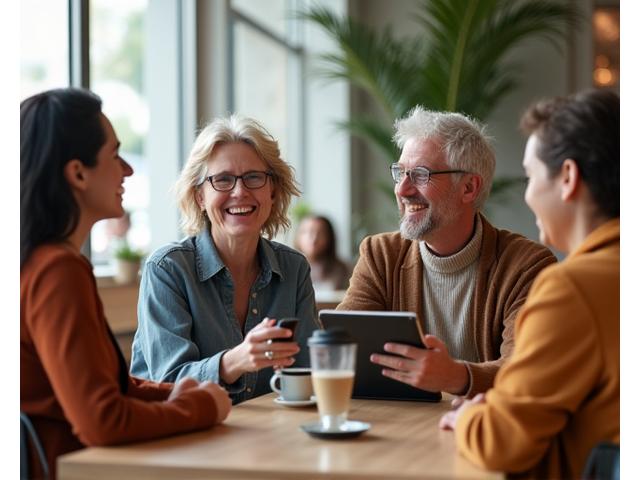 Diverse group of adults interacting happily in a modern, light-filled space, symbolizing community and connection