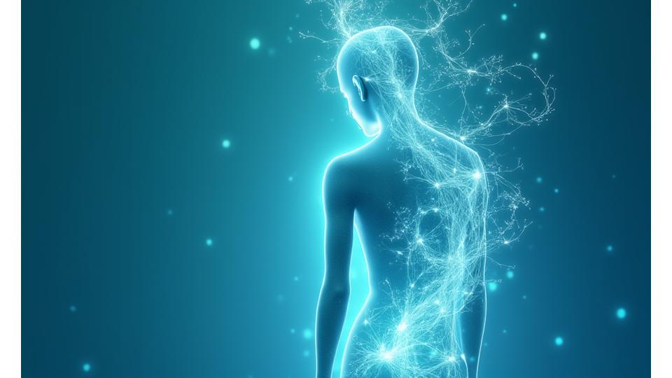Illustration of intertwined scientific symbols and a stylized human figure, representing evidence-based wellness