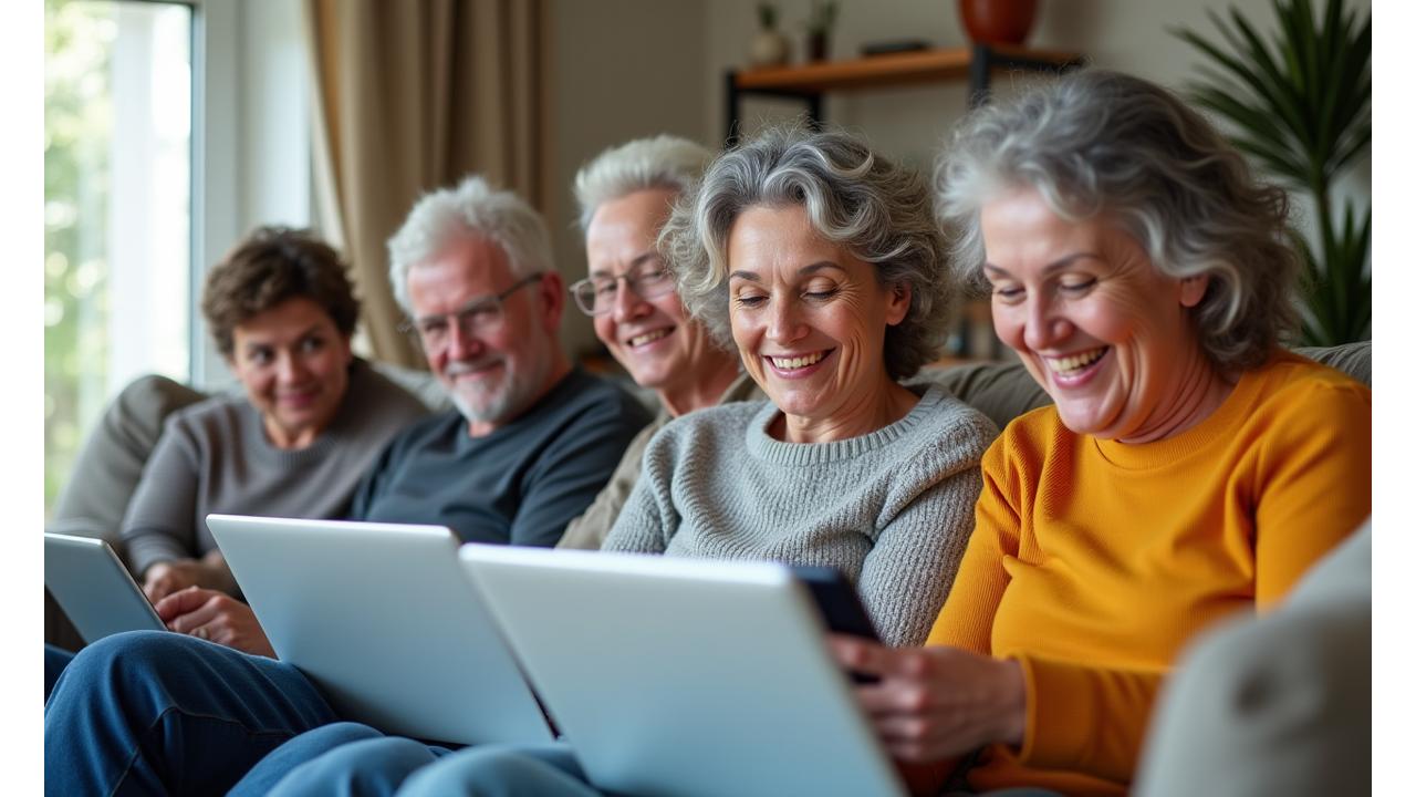Diverse group of adults 35+ engaging in a vibrant online community, laughing and sharing on their devices.