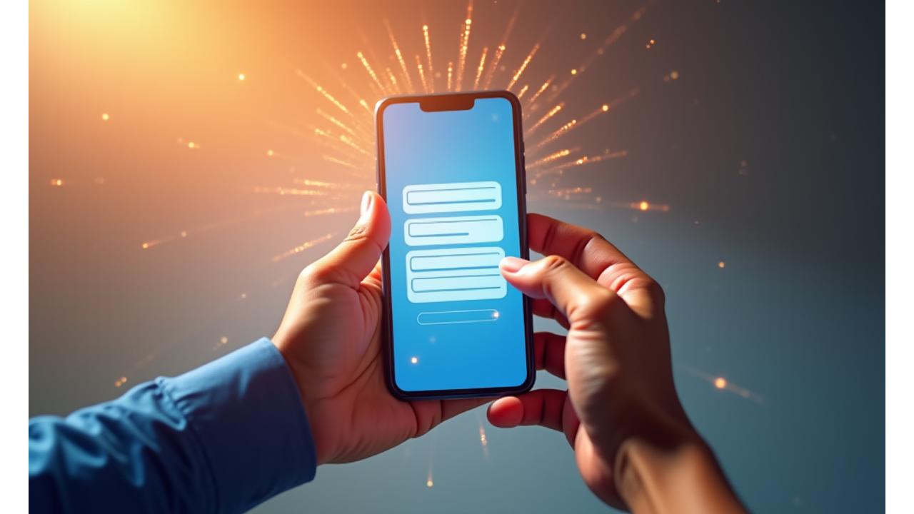 Two hands holding a smartphone displaying a feedback form, with light rays expanding upwards, representing direct user impact.