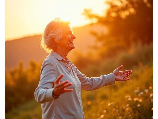 Older adult gracefully practicing yoga outdoors, symbolizing healthy aging.