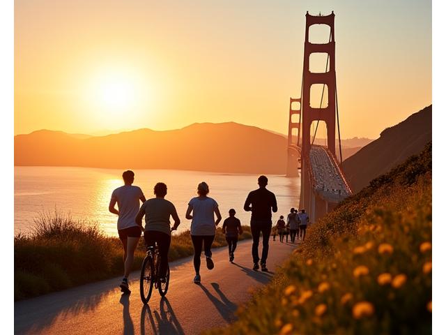 Golden Gate Bridge at sunrise with a vibrant, active foreground of people jogging, representing local San Francisco wellness.