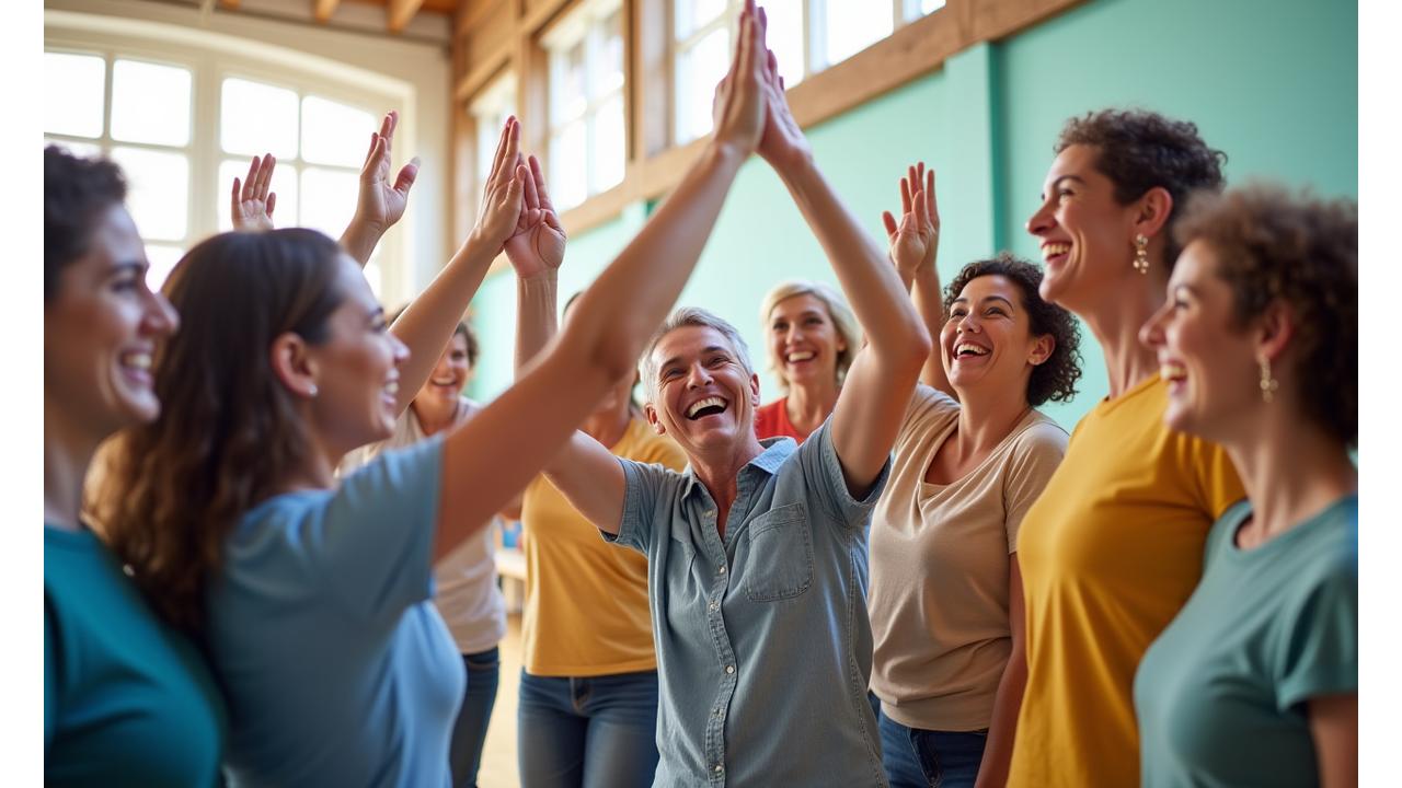 Diverse group of adults cheering and high-fiving in a supportive, bright environment, symbolizing shared success.