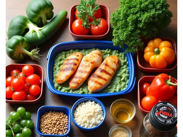 Illustration of a healthy meal prep spread with fresh vegetables and lean protein.