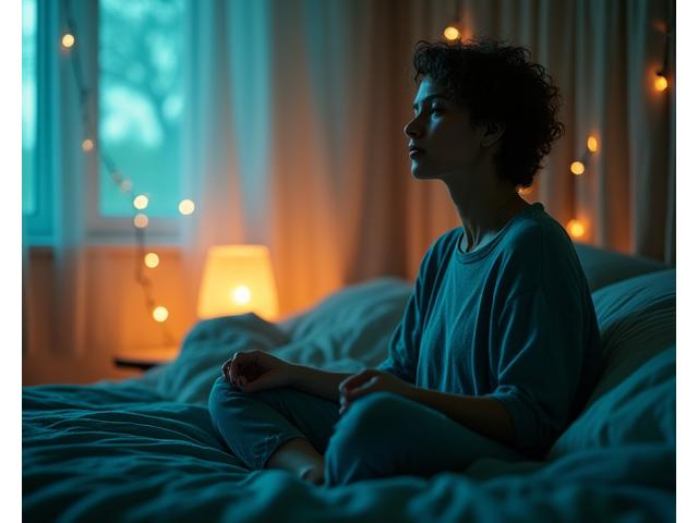 Person meditating peacefully in a dimly lit, calming room with soft light.