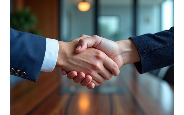 Two professionals shaking hands, symbolizing a successful partnership