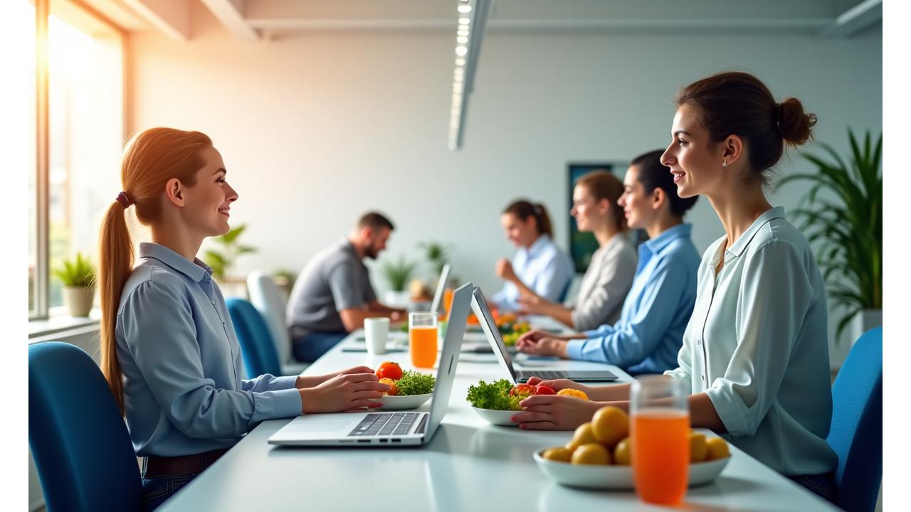 Diverse group of professionals engaged in various wellness activities, representing a blend of popular topics like yoga, mindfulness, and healthy eating, in a modern, bright office setting.