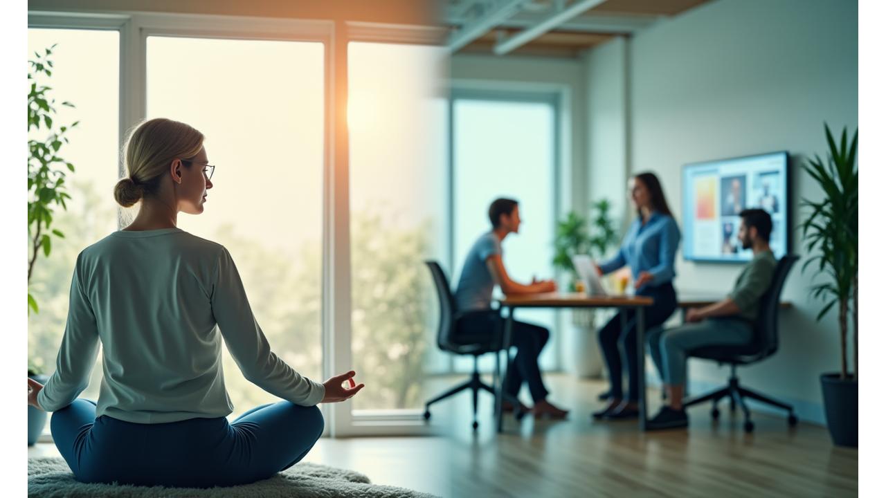 Diverse group of employees participating in different wellness activities: one meditating, one stretching, one on a virtual call, illustrating flexible wellness delivery.