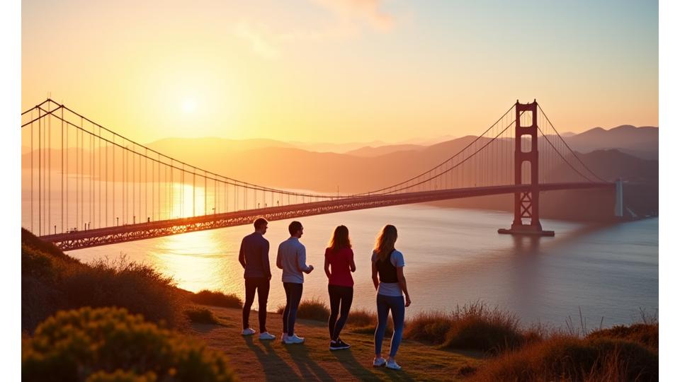 Golden Gate Bridge at sunrise with a diverse group of professionals exercising nearby, symbolizing San Francisco's active lifestyle.