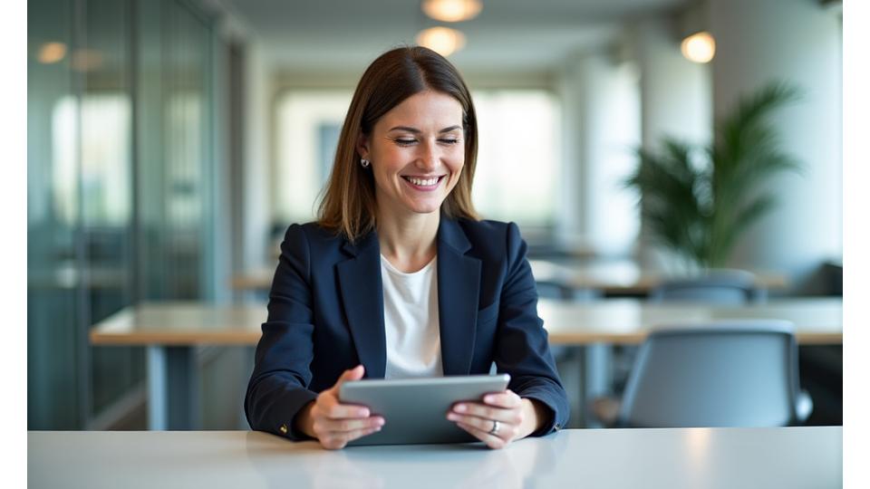 HR manager looking relieved after implementing a wellness program, symbolizing reduced burden and successful implementation, in a modern office.