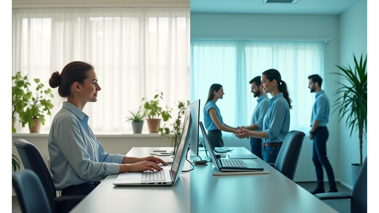 Split image showing a professional working from a vibrant home office setup on one side and a group collaborating in a modern office space on the other, connected by a seamless design, symbolizing hybrid work wellness.