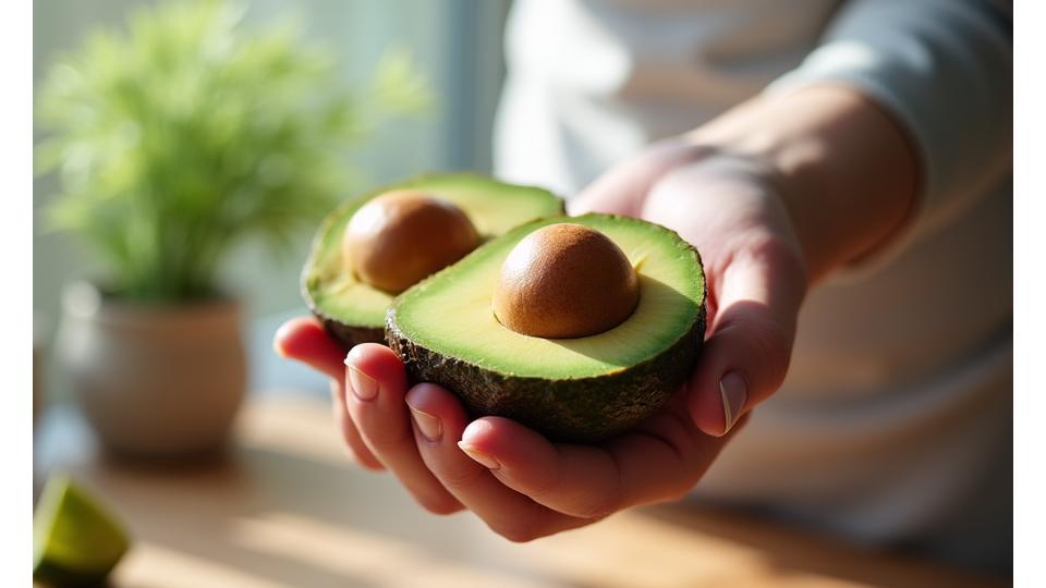 Close-up of a person's hand holding a perfectly ripe avocado, symbolizing healthy fat and nutrient density