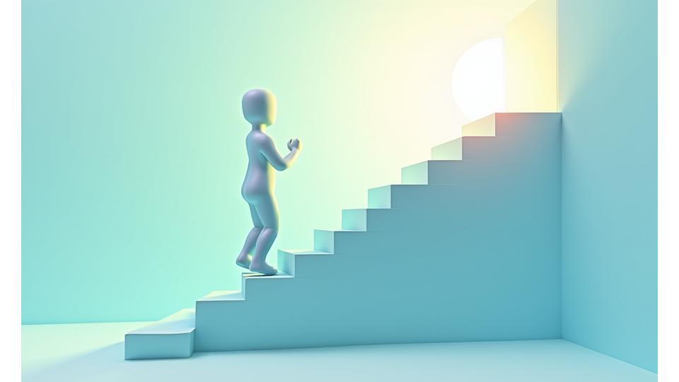 Illustration of a person climbing a staircase towards a bright, healthy future, symbolizing progress and achievement.
