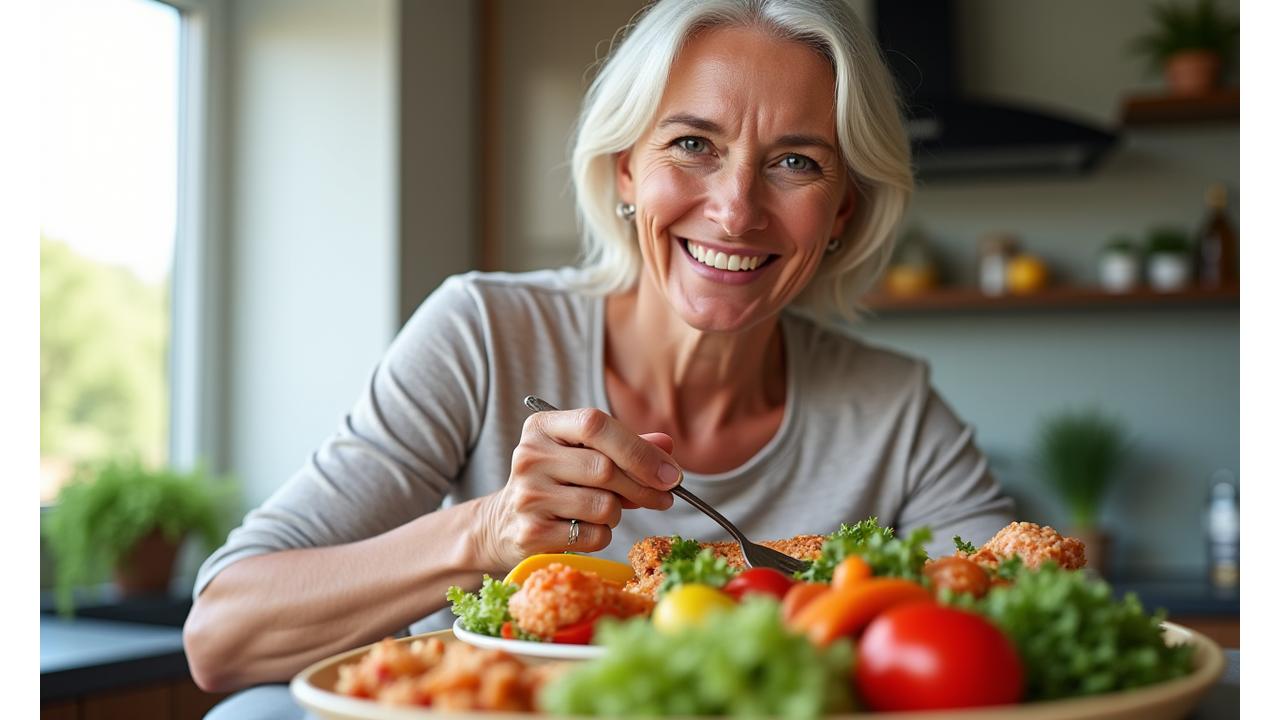Woman enjoying a healthy, brightly colored meal with fresh vegetables, demonstrating vitality and proper digestion.