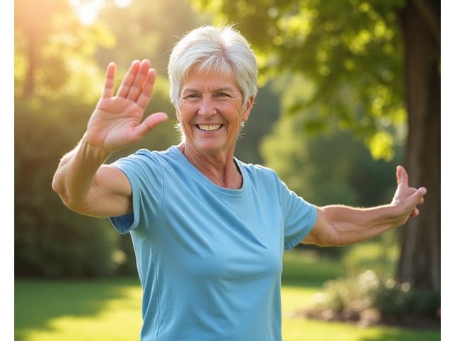 An energetic woman in her late 40s smiling confidently while performing a gentle stretch outdoors, symbolizing healthy aging and vitality.