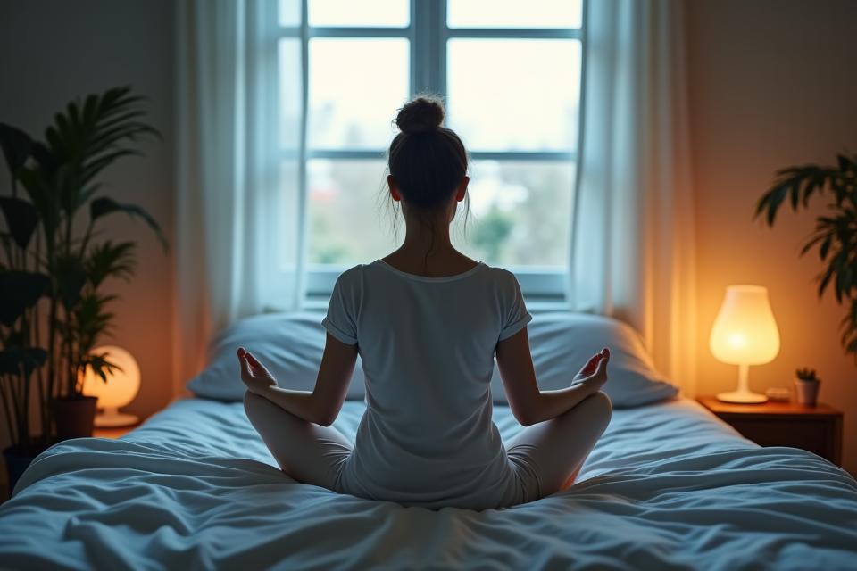 A serene person meditating in a calm bedroom with soft lighting