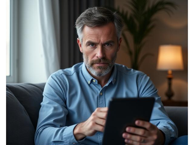 A man engaging in a confidential virtual consultation with a trusted male expert on a tablet. The setting is subtle and private, highlighting discreet communication and expert guidance.