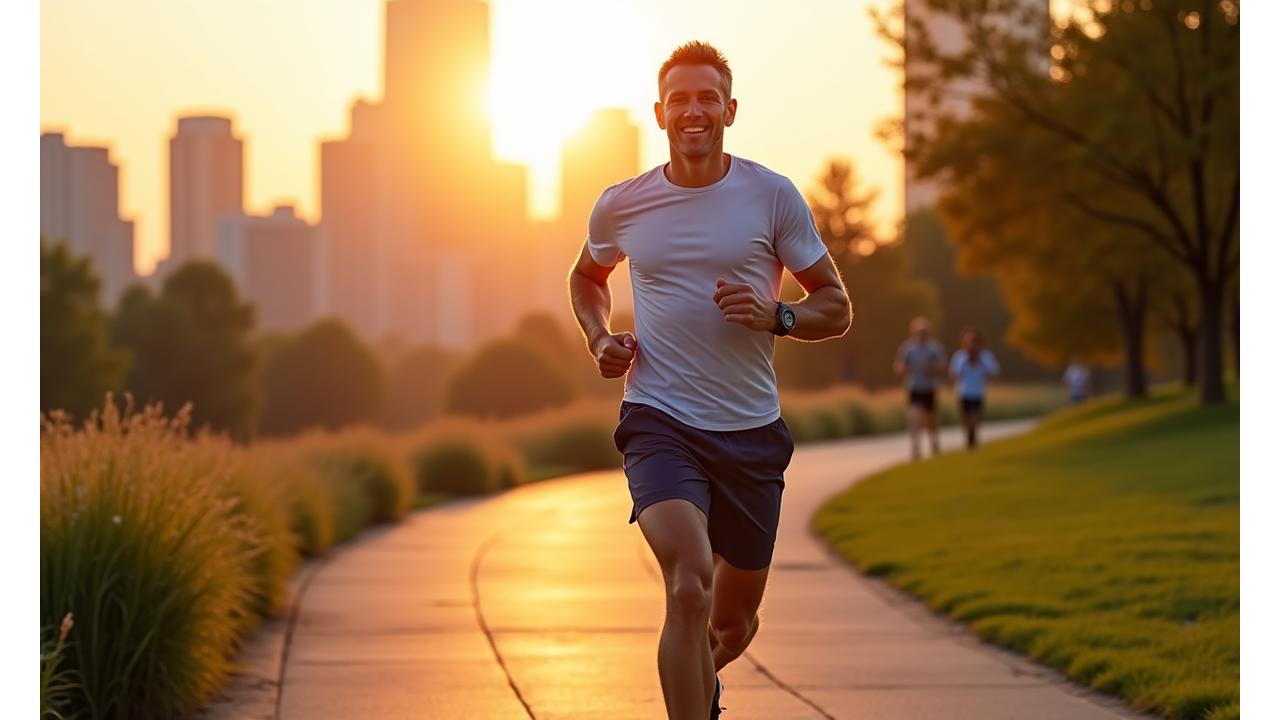 A confident man in his late 30s or early 40s jogging at sunrise, looking strong and focused. The background is a crisp urban park with subtle greenery, conveying vitality and purpose.