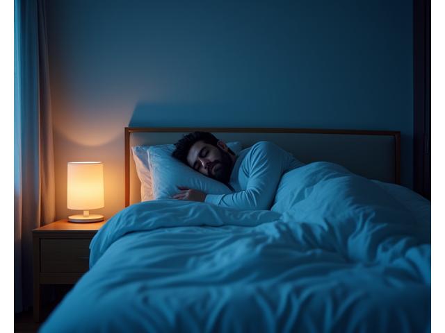 A man sleeping peacefully in a dimly lit, tidy bedroom. The focus is on a quiet, undisturbed environment, conveying deep, restorative sleep. Cool blues and muted tones dominate.