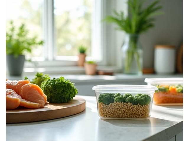A clean, organized kitchen counter with simple ingredients and prepped meals in containers, implying efficiency and healthy eating for a busy lifestyle. Natural light fills the scene.