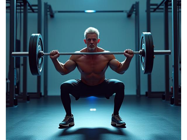 A man, 40s, performing a proper form barbell squat in a clear, well-lit gym. The focus is on technique and power, conveying efficiency and functional strength.
