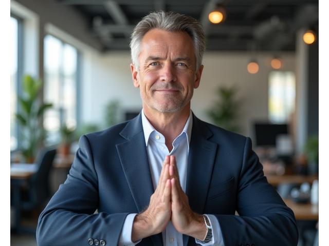 A calm, composed male executive in a modern office environment, taking a moment for deep breathing exercises discreetly. The scene portrays tranquility amidst a busy backdrop, emphasizing quiet strength and control.