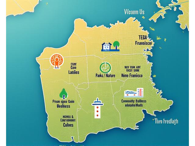 Artistic map of San Francisco highlighting various wellness locations like parks, yoga studios, and healthy cafes, with Solace Anchor pinpoints illustrating localized recommendations.