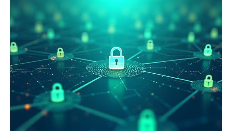 Abstract illustration of a secure data flow, with stylized lock icons and light rays indicating protection, symbolizing controlled and consented sharing of information. Predominant blues and greens from the Solace Anchor palette.