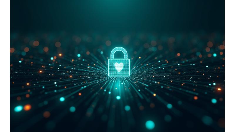 Illustration of a digital lock and shield icon integrated into a network of secure connections, representing robust cybersecurity and data encryption. Predominant dark blues and greens with accent highlights of light blue and amber.