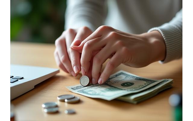 A hand sorting small stacks of coins and bills next to a minimalist wellness product, symbolizing budget planning for wellness investments.