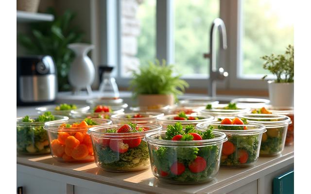 A vibrant kitchen countertop with neatly organized glass meal prep containers filled with healthy food, a high-speed blender, and fresh produce.