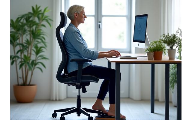 A person sitting at a standing desk with an ergonomic lumbar support cushion and a footrest, promoting good posture.