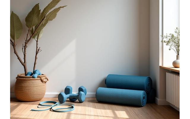 A minimalist home gym setup with resistance bands, light dumbbells, and a yoga mat neatly placed, suggesting space efficiency.