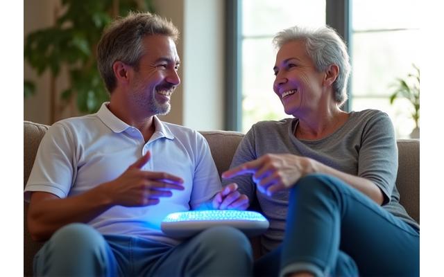 Two diverse adults, aged 40-60, smiling while discussing a new wellness device in a comfortable living room setting, indicating community testing.