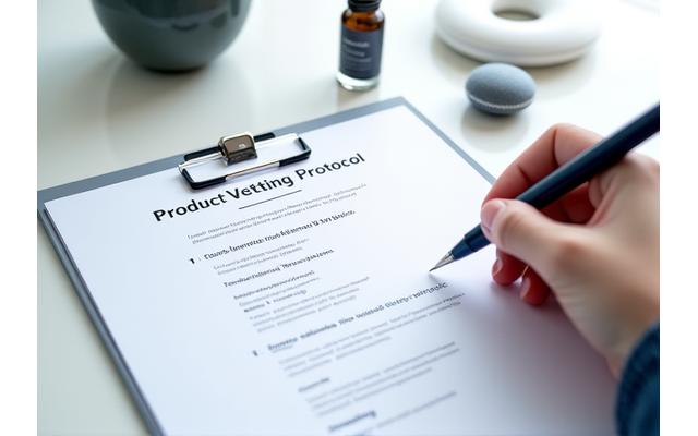 A clipboard with a checklist and a pen, on a desk with various wellness products in the background, symbolizing expert review and testing.