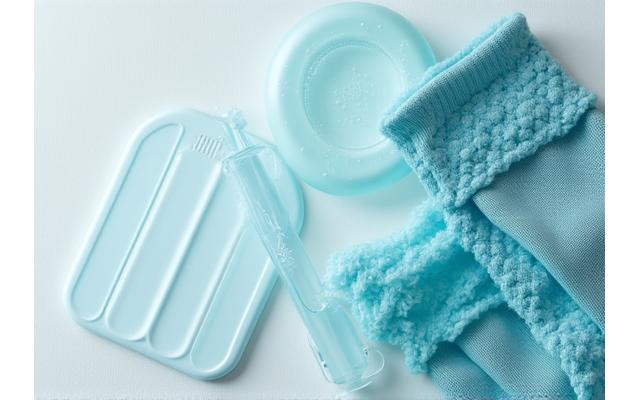 A collection of heat and cold therapy products, including a gel ice pack, a heating pad, and compression socks.