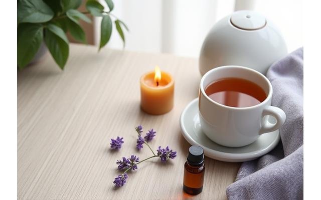 A collection of natural sleep aids: a small amber candle, a lavender essential oil diffuser, and a cup of herbal tea