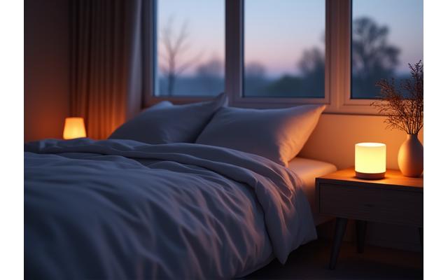 A tranquil bedroom scene with a perfectly made bed, soft lighting, and a sleep tracking wearable on a nightstand
