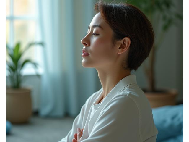 A person sitting calmly, eyes closed, with a soft light illuminating their face, hands resting gently on their knees, depicting a state of mindful breathwork and peace.