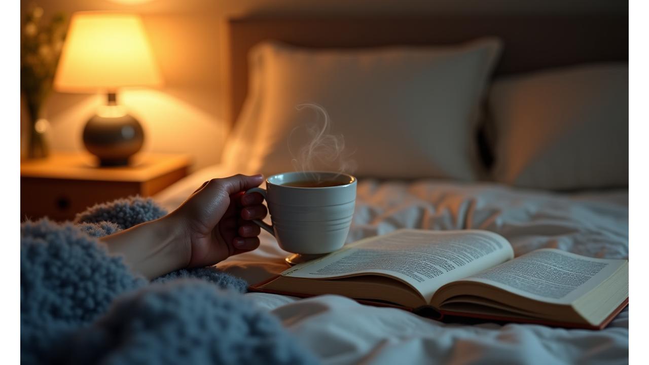 A calming bedroom scene with soft, warm lighting, an open book on a nightstand, and a relaxed adult hand gently holding a cup of tea, conveying peace and readiness for rest.
