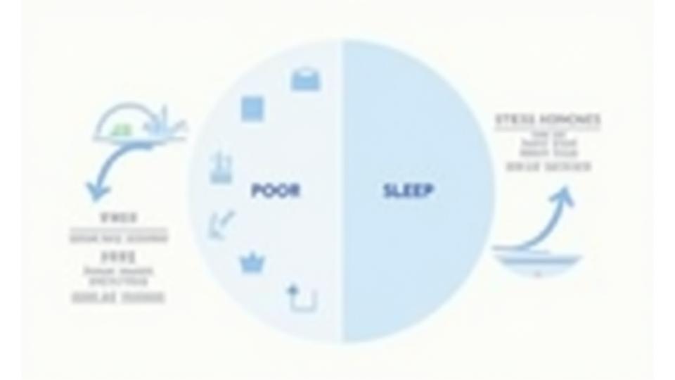 An infographic illustrating the cyclical relationship between stress and sleep, showing how poor sleep increases stress hormones and stress disrupts sleep patterns, with arrows indicating the feedback loop.