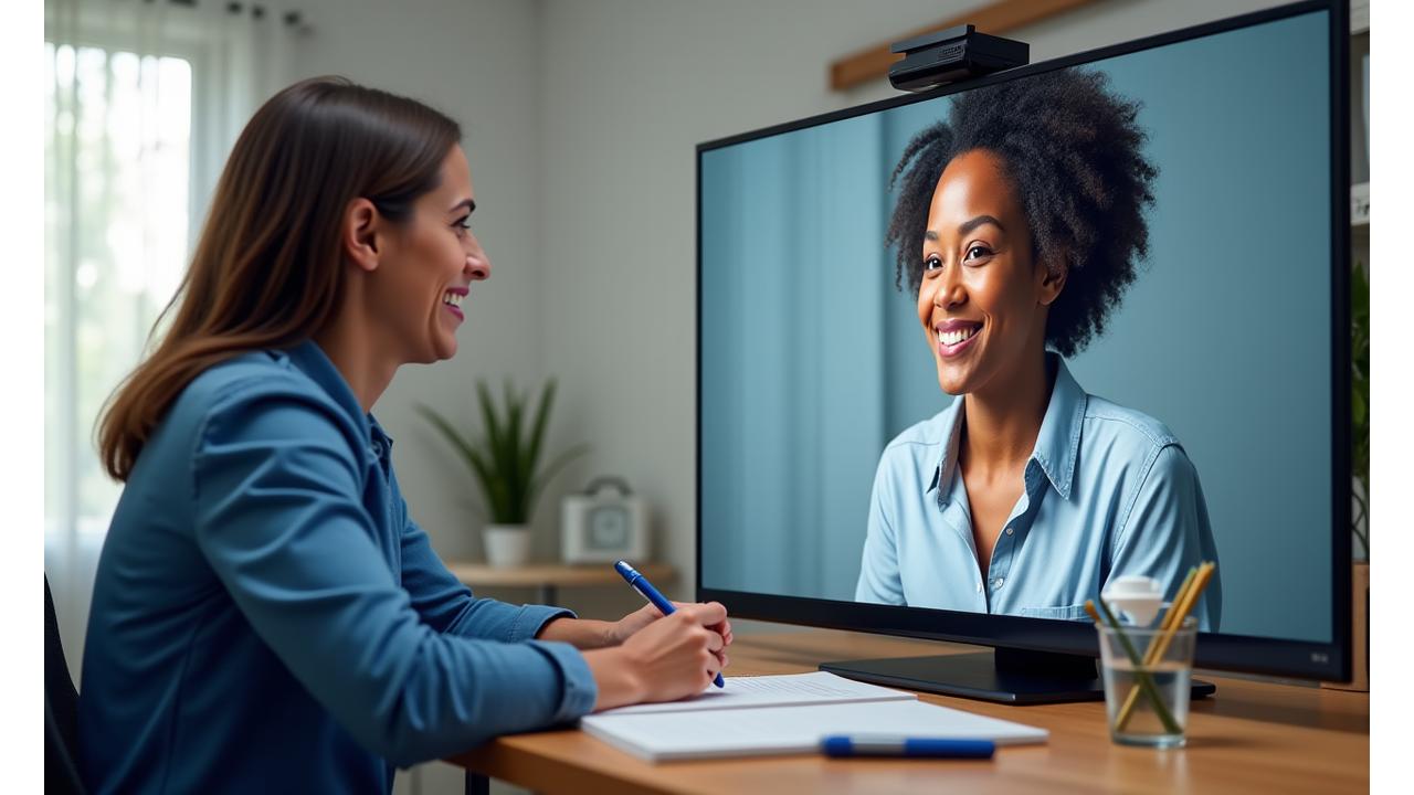 A compassionate and knowledgeable Solace Anchor expert (e.g., a dietitian or trainer) engaging in a warm, professional virtual consultation with an adult client over 35, both on screens, symbolizing personalized guidance and support. The focus is on connection and understanding.