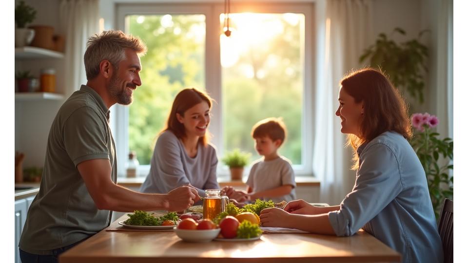 An idyllic scene depicting an adult over 35 balancing various aspects of life with ease: preparing a healthy meal with family, enjoying a walk in a park, and smiling confidently during a work video call, all suggesting harmony and practical application.
