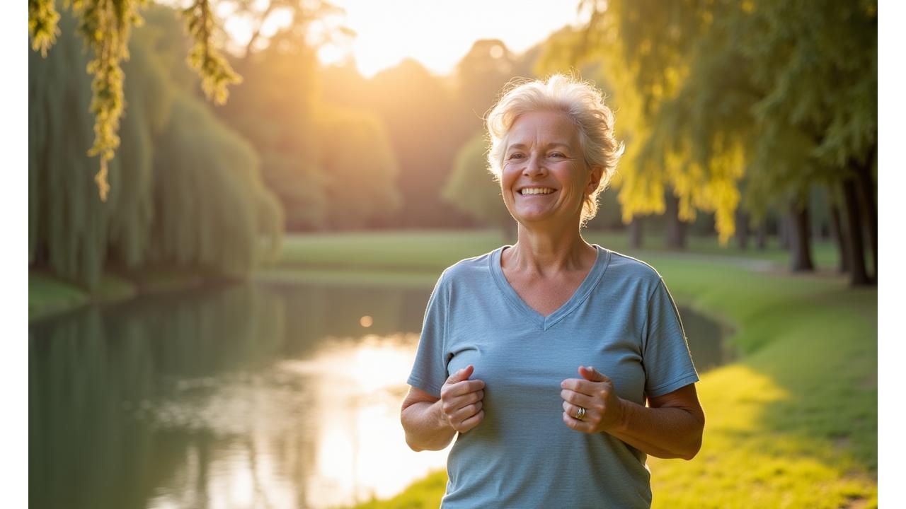 A serene image of an adult over 35 looking energetic and healthy, engaged in a gentle, mindful activity like walking outdoors, symbolizing metabolic balance and vitality.