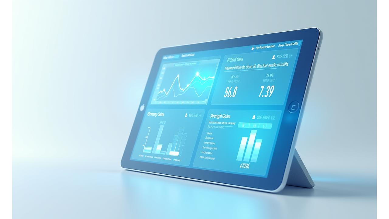 A clean, easy-to-read graphical dashboard displaying various health metrics beyond just weight: a decreasing waist circumference trend, increasing energy levels visual, and a strength gain chart. The aesthetic is modern and encouraging.