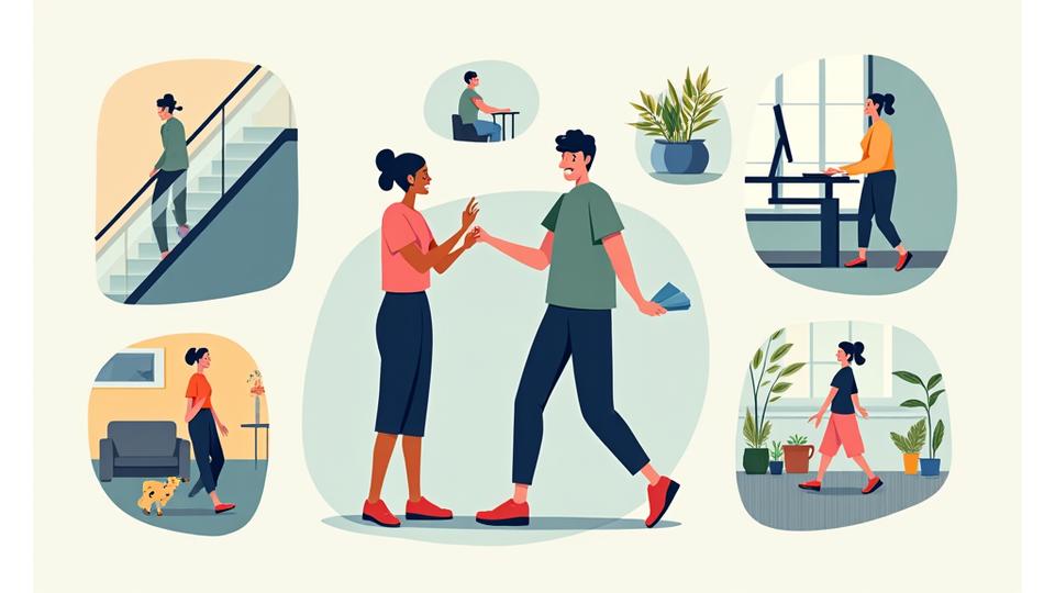 A collage or sequence of images depicting an adult subtly incorporating more movement into their day: taking stairs, standing at a desk, walking during a phone call, and light gardening. The mood is pragmatic and achievable.