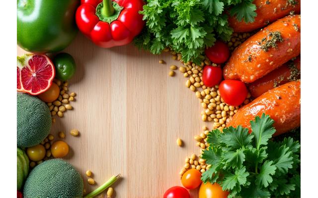 A vibrant display of fresh, whole food ingredients like colorful vegetables, lean protein sources, and healthy grains, arranged artfully on a wooden board.
